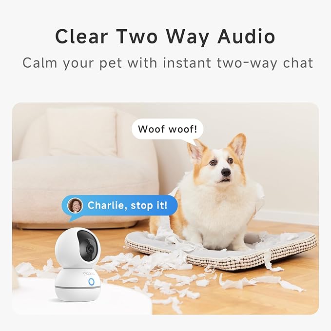Noorio 2K Wired Security Camera Indoor, Pan/Tilt Pet Camera with Speaker, One Touch Call Dog Cam, Plug-in 24/7 SD&Cloud Storage, Night Vision, 2.4G WiFi Only, 2Pcs