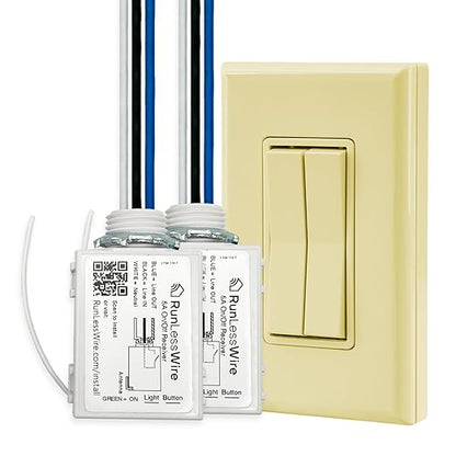 RunLessWire Fan & Light Battery-Free DIY Wireless Light Switch Kit 150ftRF Range Kinetic for Bathrooms & Ceiling Fans: 1 Dual Remote Switch Controls 2 5A On/Off Receivers Separately Ivory