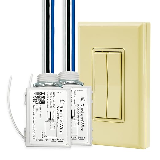 RunLessWire Fan & Light Battery-Free DIY Wireless Light Switch Kit 150ftRF Range Kinetic for Bathrooms & Ceiling Fans: 1 Dual Remote Switch Controls 2 5A On/Off Receivers Separately Ivory