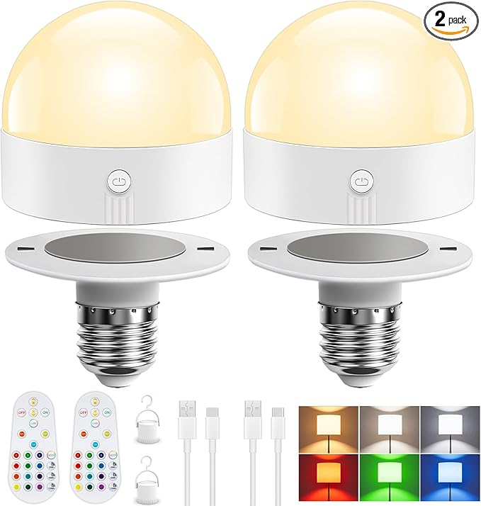 TJOY E26 Rechargeable Light Bulb with Remote and Timer, Battery Operated Bulb with 3 Color Temperatures and 15 RGB Colors, Dimmable Wireless LED Bulb for Lamps, Detachable Charging for Sconces, 2 Pack