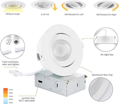 KnLnny Ware 4 Inch Led Recessed Lights 10 Pack, Ajustable Eyeball Gimbal Recessed Ceiling Light with Junction Box,5 CCT(2700K-6500K) Selectable,9W 750LM,Airtight, ETL Listed