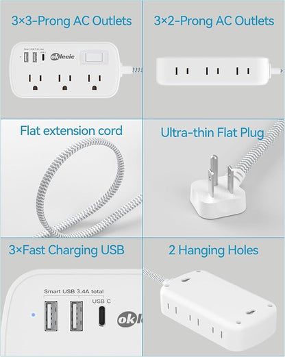 Extension Cord 15 ft - Surge Protector Power Strip Flat Plug with 6 Widely Outlets 3 USB (5V/3.4A 17W) Charging Ports, Multi Plug Wall Outlet Splitter for Home Bedroom Hotel Office Desktop Accessories