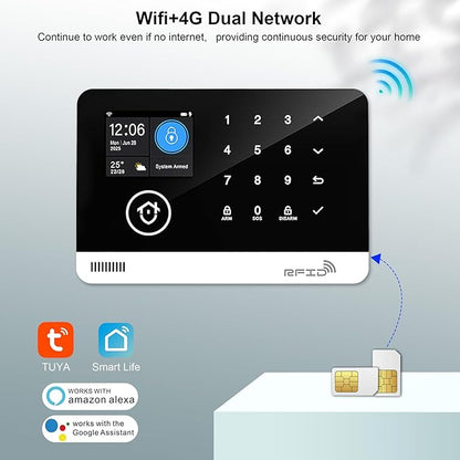 Home Security System, 4G/WiFi GSM SMS Wireless Home Alarm System with Motion Detector, 120dB Alarm Siren, Smart Remote Control, LCD Display, Compatible with Alexa and Google(12 Pieces)