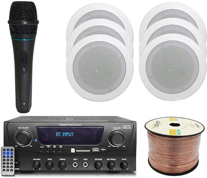 Home Theater System Kit 1000 Watts Bluetooth Receiver w/ 6 Qty 5.25" 175 Watts Each in-Wall in-Ceiling Speakers & 16 Gauge 250 ft. Speaker Wire Portable Microphone w/Remote Control by Technical Pro