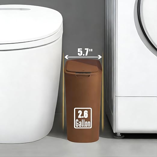 TIPGO Automatic Motion Sensor Bathroom Trash Can with Lid, 2.6 Gallon Touchless Trash Bin, Smart Garbage Can Plastic Slim Wastebasket for Bedroom, Office, Dorm (Brown)