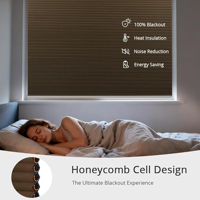 Motorized Cellular Shades with Remote Blackout Honeycomb Smart Blinds Options for Indoor Windows, Remote/Alexa/Matter Compatible, Easy DIY Installation (Brown)