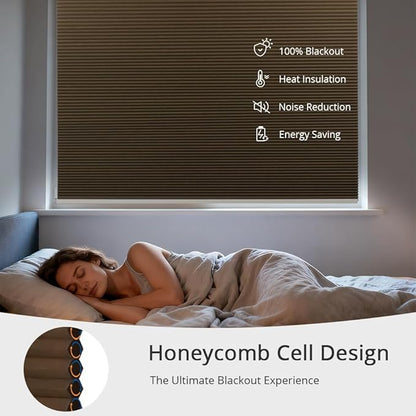 Motorized Cellular Shades with Remote Blackout Honeycomb Smart Blinds Options for Indoor Windows, Remote/Alexa/Matter Compatible, Easy DIY Installation (Brown)