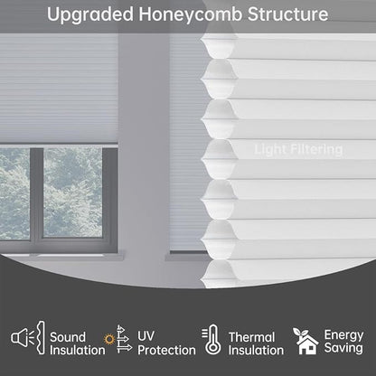 Cellular Shades Light Filtering Honeycomb Blinds for Indoor Windows, Cordless Cellular Shades 1.5 inch Cell Pleated for Bedroom Home Office, Custom Size, Half Shading Crystal White