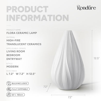 RONDURE Modern Ceramic Decorative Table Lamp Living Room Bedroom Bedside | Handcrafted Unique Warm Ambient Lighting Lamp, Accent White Translucent Ceramic shade, Fully Dimmable, Corded, Bulb Included