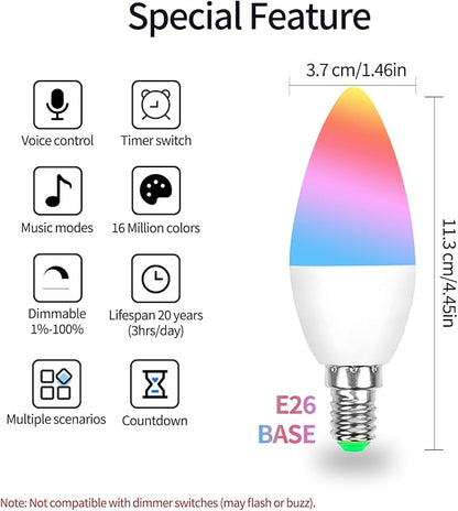 E12 Smart Candelabra LED Bulbs - Wi-Fi Dimmable (5W, 40W Equivalent, 450LM) - Compatible with Apple HomeKit, Alexa, Google Home, and SmartThings
