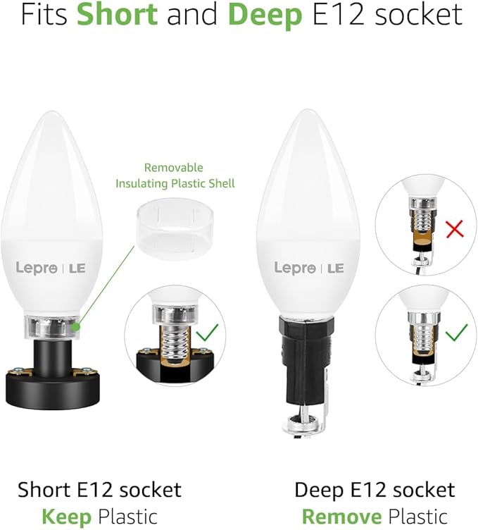Lepro E12 LED Candelabra Light Bulbs, 5.5 watt, 40 watt Equivalent C37 B11 Ceiling Fan Bulb Chandelier Bulbs, 2700 Kelvin Warm White Type B Small Base Candle Lights, Frosted Plastic Shell, 3-Pack