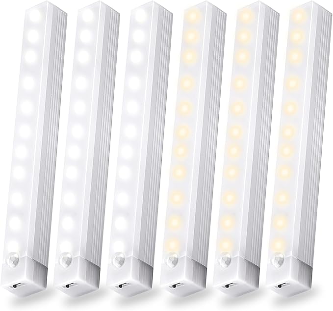 6 Pack Motion Sensor Under Cabinet Light, Magnetic Rechargeable Warm White 2 Color Under Counter Light, 8 Inch LED Closet for Stair Bedroom Cupboard