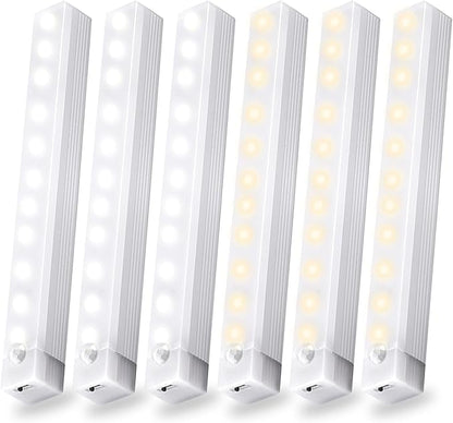 6 Pack Motion Sensor Under Cabinet Light, Magnetic Rechargeable Warm White 2 Color Under Counter Light, 8 Inch LED Closet for Stair Bedroom Cupboard