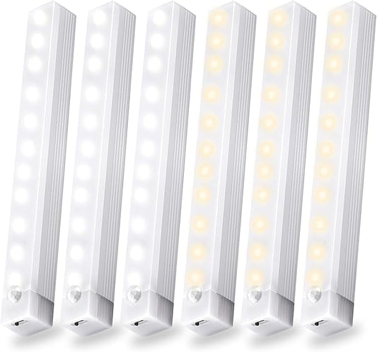 6 Pack Motion Sensor Under Cabinet Light, Magnetic Rechargeable Warm White 2 Color Under Counter Light, 8 Inch LED Closet for Stair Bedroom Cupboard