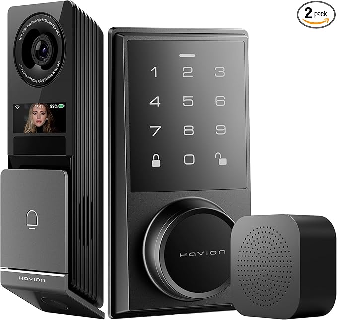Havion Wireless Video Doorbell w/Smart Lock Set - Chime, Dual Cameras, 5MP 3K QHD, 2'' Screen & 32GB eMMC, Motion Detection & Real-time Alert, 2-Way Audio, Door Bell and Keyless Entry Front Door Lock