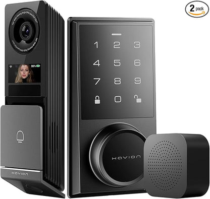 Havion Wireless Video Doorbell w/Smart Lock Set - Chime, Dual Cameras, 5MP 3K QHD, 2'' Screen & 32GB eMMC, Motion Detection & Real-time Alert, 2-Way Audio, Door Bell and Keyless Entry Front Door Lock