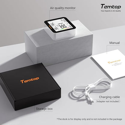 Temtop M10+ Indoor Air Quality Monitor & CO2 Meter for Home, 6-in-1 PM2.5 & VOC Detector, E-Ink Display, Battery Powered 60-Day Quiet Bedroom Air Pollution Monitor, App Temperature & Humidity Sensor