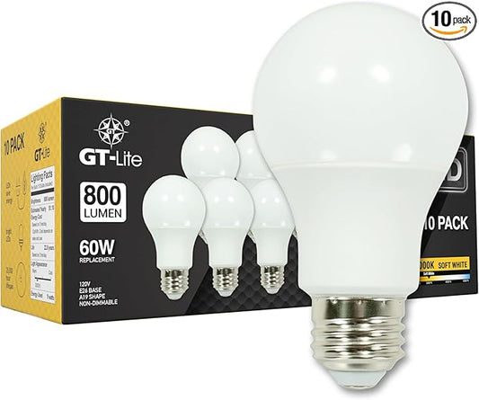 GT-Lite 10 Pack Soft White LED Light Bulbs, 60W Equivalent,9 watts 3000K, A19 Shape, E26 Medium Base,Standard Household Llightbulb for Lamps, Living Room, Bedrooms
