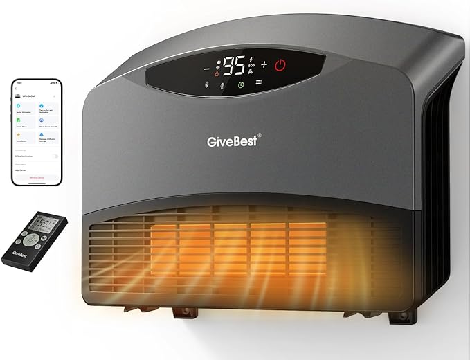 GiveBest Smart Wall Heater for Indoor Use, 1500W Electric Space Heater, Works with Alexa, Adjustable Thermostat, Remote Control, 24H Timer, Easy-mounted Heater for living Room Bedroom Office Garage