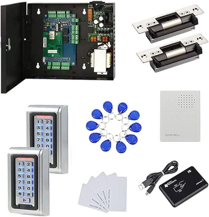 Waterproof Metal Keypad Reader Standard North American Strike Lock TCPIP 2 Doors Access Control Systems 110-240V Power Box +RFID Key Fob/Card