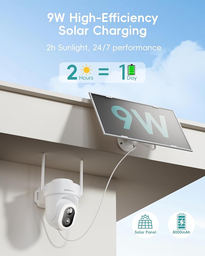 ZUMIMALL 24/7 Recording Solar Security Cameras Wireless Outdoor, 9W Solar Panel, 2K AOV Cameras for Home Security, 360° Auto Tracking, Color Night Vision, 2.4GHz WiFi, 512G Local Storage(Not Include)
