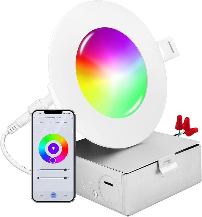 LUXRITE 4 Inch Smart LED Recessed Lighting, RGBW Color Changing, WiFi App and Voice Control, Compatible with Alexa and Google Home, No Hub Required, 10.5W 700LM, CRI 90, IC Rated, Wet Rated