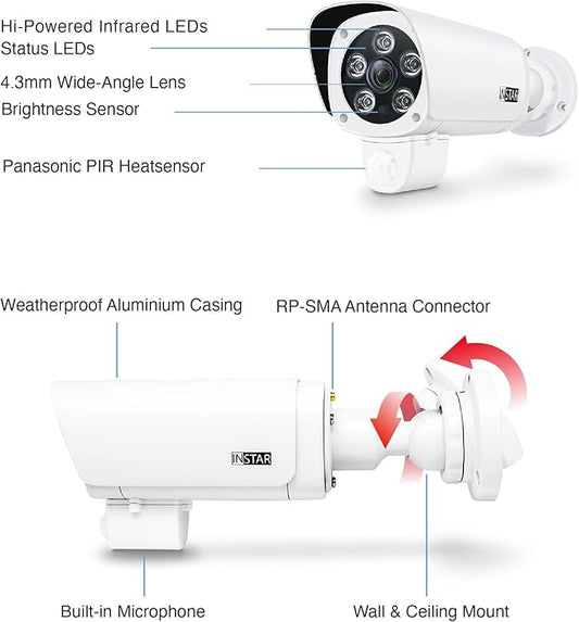 INSTAR IN-9808 4K Outdoor Security Camera White, LAN/Wi-Fi/PoE, HomeKit Secure Video, AI Person Detection, IR Night Vision, Microphone, Audio, PIR, RTSP, WPA3, MQTT, NDAA/TAA Compliant