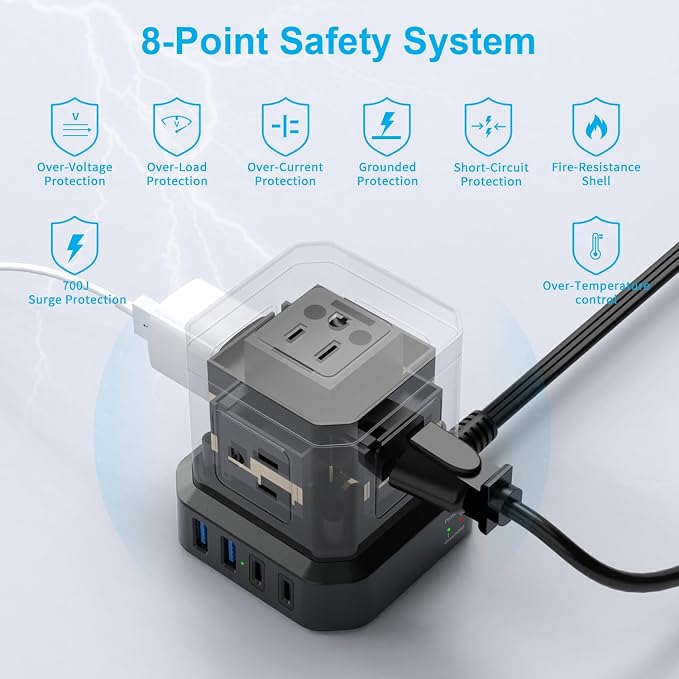 Power Strip Surge Protector (700J), 10 FT Flat Extension Cord with 5 Outlets, 2 USB-C & 2 USB-A, Power Strip with USB for Home, Office, Dorm, Hotel, Travel, Compact Desk Charging Station