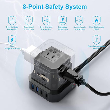 Power Strip Surge Protector (700J), 10 FT Flat Extension Cord with 5 Outlets, 2 USB-C & 2 USB-A, Power Strip with USB for Home, Office, Dorm, Hotel, Travel, Compact Desk Charging Station