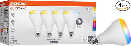 Sylvania QuickSync RGBW/Selectable White BR30 LED Light Bulb with Remote Control, No App/WiFi Required, 8.5W = 65W, Dimmable, 90 CRI, Medium Base, Frosted Finish - 4 Pack (45049)