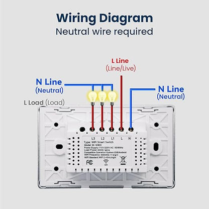 Smart Switch Aluminum Frame,2.5D Glass Panel,4.65 X 2.83 X 1.26 Inches,Need Neutral Wire,2.4GHz WiFi,Work with Tuya/Smart Life,App/Voice Control,White 3 Button