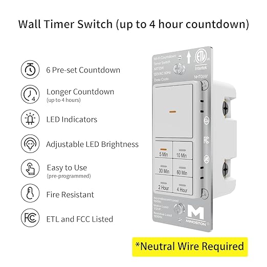 Minoston Countdown Timer Switch, WiFi Timer Switch for Bathroom Fans and Lights, 10-20-30-60 min/2-4 Hour, Neutral Wire Needed, 15A, 1/2HP/120VAC, ETL Listed, White (MT10W)