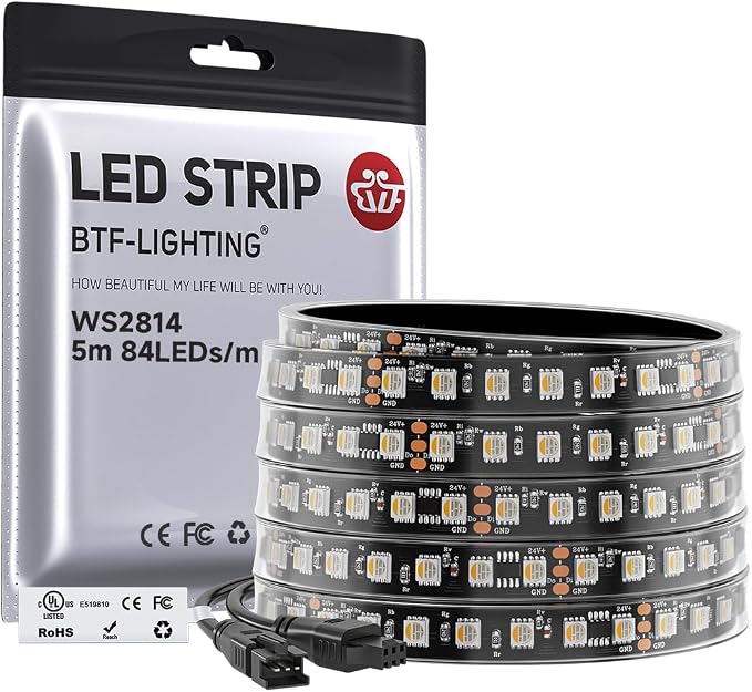 BTF-LIGHTING WS2814 IC RGBW RGB+Cool White UL Listed, DC24V 16.4FT 84LED/m | 14pixel/m,(Similar WS2812B),Addressable4 Colors in 1 Dream Color LED Strip 14mm Width PCB IP67(No Adapter or Controller)