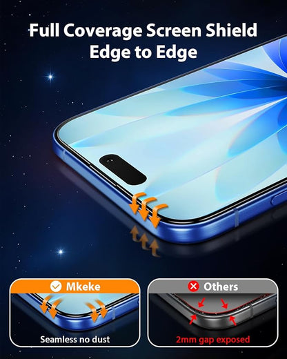 Mkeke for iPhone Air Screen Protector 3 Pack, [9H+ Hardness] [Military-Grade Drop Protection] [Sensitive Touch] [Easy Installation] [HD Clear] Full Edge Coverage Tempered Glass