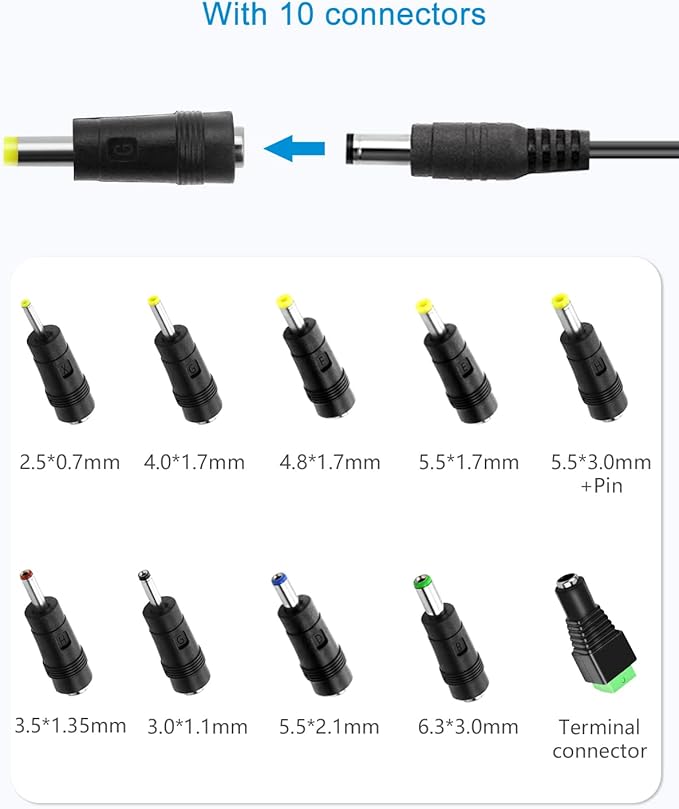 ALITOVE 12V 3A Power Supply DC 12 Volt AC Adapter 36W 2.5A 2A 1.5A 1A Replacment Power Cord Converter Transformer 4.92Ft with 10 Tips for LED Strip Light CCTV Security Camera Router PC Monitor