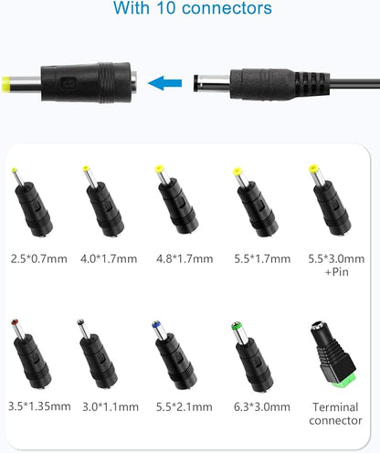 ALITOVE 12V 3A Power Supply DC 12 Volt AC Adapter 36W 2.5A 2A 1.5A 1A Replacment Power Cord Converter Transformer 4.92Ft with 10 Tips for LED Strip Light CCTV Security Camera Router PC Monitor