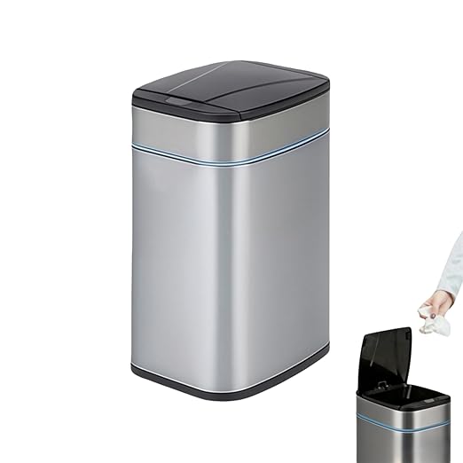 Garbage Can with Lid, Intelligent Sensor Opening and Closing, Small Garbage Can for Living Room, Bedroom, Kitchen and Bathroom (1, Square Silver)
