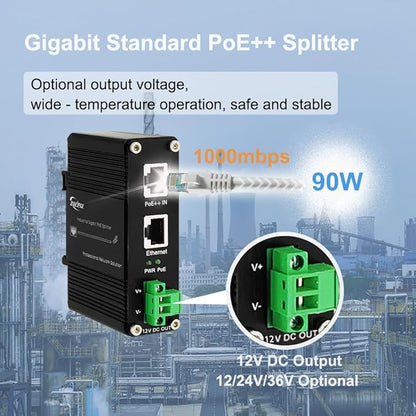 Htfoevrxs Industrial Hardened Gigabit 95W PoE++ Splitter IEEE802.3at/af/bt 12V DC Output Power Supply for Security Cameras, Access Control Systems