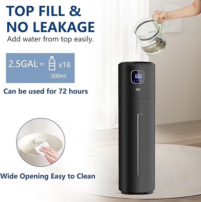 KZF 9L/2.5Gal Large Humidifiers for Bedroom, Ultrasonic Cool Mist Top Fill Humidifier with 350ML/H Large Mist Speed, Quiet Humidifier for Baby Home Plant Yoga Sleep Office (Round Black 9L)