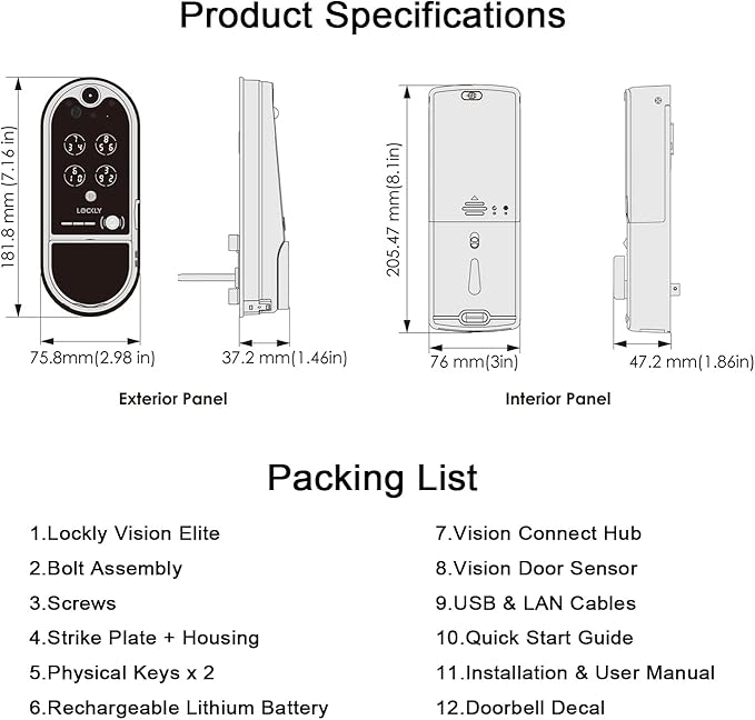Lockly Vision Elite - WiFi Video Smart Lock with Night Vision Camera, Motion Sensor, Biometric Fingerprint, Voice Control, App Remote Control, Doorbell, Solar Panel, Digital Keypad, Matte Black