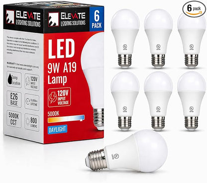 (6 Pack) Elevate LED A19 Light Bulbs, 9W (60W Equivalent), 5000K Daylight, E26 Base, Energy-Efficient Replacement for Lamps, Ceiling Fixtures, Residential & Commercial Use