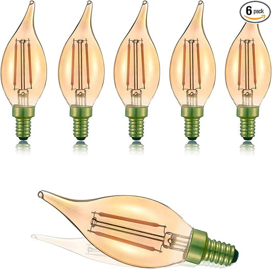 E12 Led Light Bulbs Retro Candelabra Led Light Bulbs Dimmable 25 Watt Incandescent Equivalent CRI 85+ 150lm Flame Tip Shape Ca11 Shape for Chandelie/Ceiling Fans 2200k Amber 6Pack