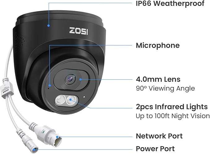 ZOSI C220 4MP 2.5K QHD Add-On PoE IP Camera Outdoor, 1440p Surveillance Outdoor Camera for PoE Security System, 100ft IR Night Vision, AI Human Detection, Two-Way Audio, Only Work with Our NVR