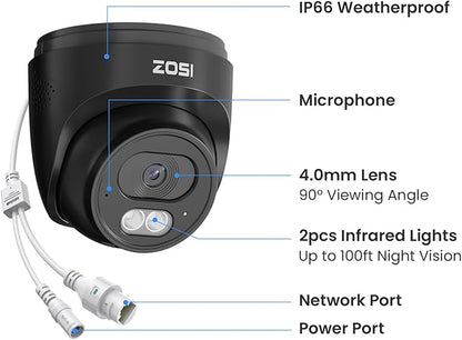 ZOSI C220 4Pack 4MP 2.5K QHD Add-On PoE IP Camera Outdoor, 1440p Surveillance Outdoor Camera to Home Security System, Only Work with ZOSI PoE NVR, 100ft Night Vision, AI Human Detection, One-Way Audio