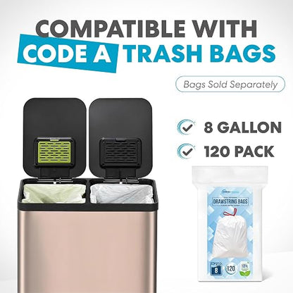 SIMPLI-Magic 60L / 16 Gallon Dual Compartment Kitchen Trash Can - Hands-Free Step Pedal, Soft-Close Lid, Stainless Steel Recycling Bin with Odor Control (30L + 30L)