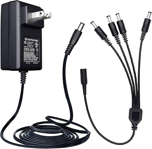 Power Adapter AC 100-240V to DC 12V 2A (2000mA) & 4-Way Power Splitter Cable for CCTV Security Cameras/DVR/NVR/LED Strip Lights/Routers and More, UL/FCC/CE Certificated (6ft)