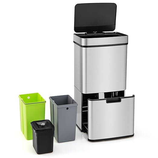 Goplus 19 Gal Motion Sensor Trash Can, 72 L Volume in 4 Containers, Touchless Trash Bin w/Kitchen Waste Bin & 2 Bottom Recycling Bins, Stainless Steel Garbage Can w/Soft Close Lid, Battery Operated