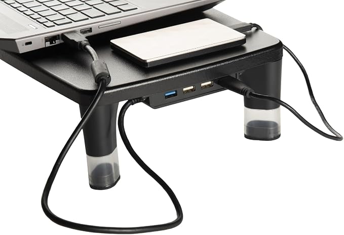 3M Monitor Computer Stand, 21.6 in x 9.4 in, 4 Port USB Hub | Height Adjustable Monitor Riser For Desk, Office, Home With Underneath Storage Space, No Skid