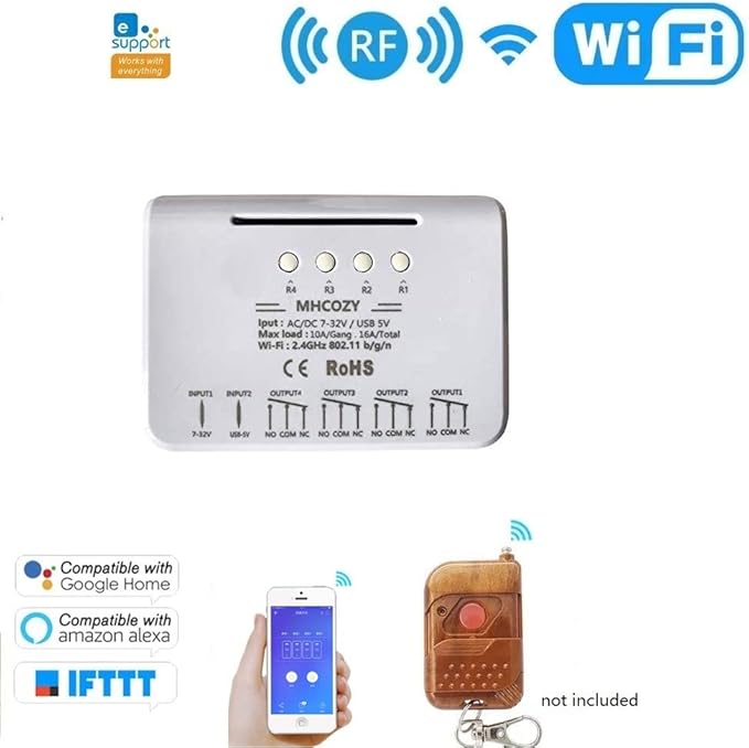 4CH WiFi RF Wireless Switch Relay,Inching Self-Locking Interlock Mode,for Access Control Smart Garage Door,Compatible with Alexa Goolge Home