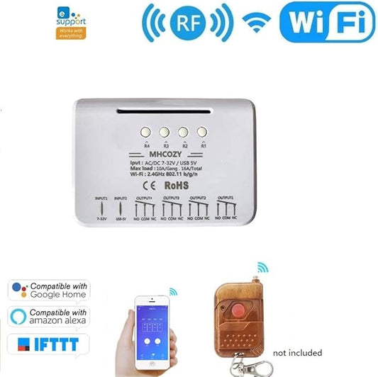 4CH WiFi RF Wireless Switch Relay,Inching Self-Locking Interlock Mode,for Access Control Smart Garage Door,Compatible with Alexa Goolge Home